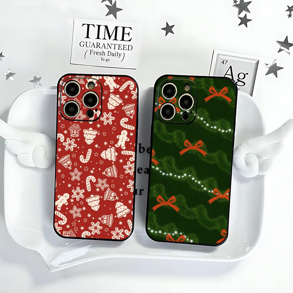 Mini Pc Case - クリスマス風のデザインのiPhone18、17、16、15、14、13、12 Plus、Mini、Pro Max用ソフトブラックの耐衝撃ケース。